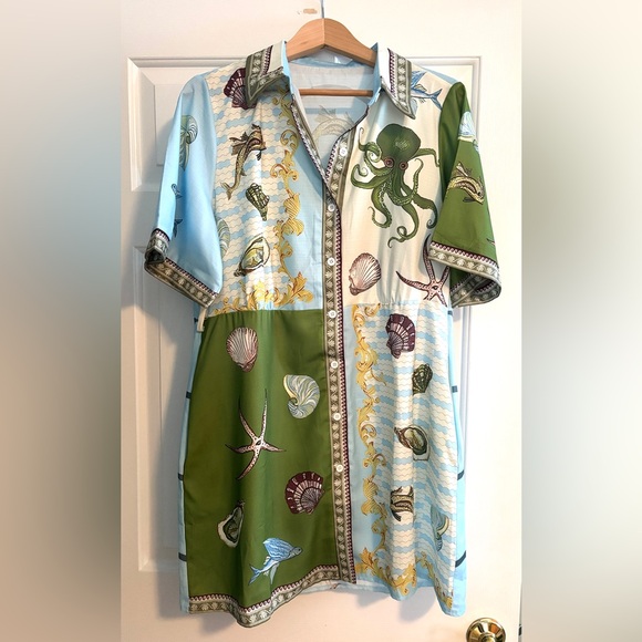 NWOT Bath House Mini Linen Sea Life Print Shirt Dress, L - Picture 6 of 8